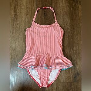 Mini Boden Girls Seersucker Swimsuit 9–10Y | Red Stripe Peplum One-Piece